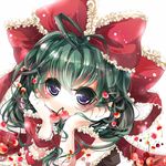  ahoge bad_id bad_pixiv_id blue_eyes blush bow cherry chin_rest emia_(castilla) face food food_in_mouth front_ponytail fruit green_eyes green_hair hair_ribbon kagiyama_hina long_hair mouth_hold multicolored multicolored_eyes purple_eyes ribbon simple_background solo touhou 