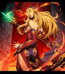  ass bare_shoulders blonde_hair blood_elf breasts chain crystal detached_sleeves fire genzoman glowing glowing_eyes hearthstone letterboxed long_hair looking_back medium_breasts official_art pointy_ears scepter secretkeeper signature solo wall warcraft world_of_warcraft 