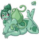  breasts bulbasaur chubby fangs female flora_fauna looking_at_viewer nintendo on_stomach overweight plain_background pok&#233;mon pok&#233;morph pok&eacute;mon red_eyes smile solo unknown_artist video_games white_background 