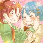  blue_hair blush cheek_pinching lowres mahou_shoujo_madoka_magica miki_sayaka mitakihara_school_uniform multiple_girls pinching ponytail red_hair sakura_kyouko school_uniform smile suga_koharu 