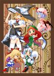  back-print_panties bat_wings blonde_hair bloomers blue_hair blush border bow braid brown_eyes chibi china_dress chinese_clothes dress dress_lift ghost gourd gradient_hair green_eyes grin hair_bow hairband hand_on_headwear hat highres hong_meiling horn_ribbon horns ibuki_suika katana kirisame_marisa konpaku_youmu konpaku_youmu_(ghost) long_hair looking_back multicolored_hair multiple_girls open_mouth outstretched_arms panties pink_panties print_panties red_eyes red_hair remilia_scarlet ribbon scabbard sheath sheathed short_hair silver_hair smile spread_arms star star_print sword thighhighs touhou twin_braids underwear vest weapon white_legwear wings witch_hat wrist_cuffs yellow_eyes yuuzii 