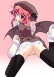  animal_ears bad_id bad_pixiv_id bat_wings black_legwear blush brown_dress candy dress food from_behind hat highres hujikok koakuma lollipop looking_back no_panties pussy red_eyes red_hair solo spread_legs thighhighs touhou uncensored upskirt wings 