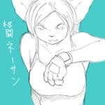  breasts cat feline female fingerless_gloves japanese_text myojinius solo 