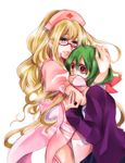  ahoge bad_id bad_pixiv_id bespectacled blonde_hair blue_eyes glasses green_hair hat hug jewelry lips long_hair macross macross_frontier macross_frontier:_sayonara_no_tsubasa mizuyu multiple_girls nurse nurse_cap ranka_lee red_eyes sheryl_nome short_hair simple_background single_earring smile 