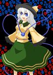  bad_id bad_pixiv_id blue_eyes blue_flower blue_rose doseisan_(dosei-san) flower hat heart heart_in_mouth heart_of_string highres komeiji_koishi red_flower red_rose rose silver_hair solo third_eye touhou 