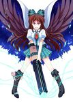  alternate_weapon arm_cannon bad_id bad_pixiv_id boots brown_hair cape cross-laced_footwear highres lace-up_boots plaid plaid_skirt purple_eyes red_eyes reiuji_utsuho skirt solo third_eye touhou tri weapon wings 