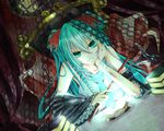  antiqua_c aqua_eyes aqua_hair book bracelet chin_rest detached_sleeves dutch_angle hatsune_miku jewelry lace long_hair necktie ring smile solo vocaloid 