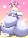  ass bare_shoulders breasts breasts_outside butterfly cameltoe curvy fat feet footwear gomesu hat huge_ass huge_breasts japanese_clothes looking_back no_bra pink_eyes pink_hair plump saigyouji_yuyuko short_hair sideboob sitting smile socks solo toes touhou wide_hips wink 