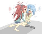  bad_anatomy barefoot blue_eyes blue_hair blush food long_hair mahou_shoujo_madoka_magica miki_sayaka multiple_girls pocky ponytail red_eyes red_hair sakura_kyouko school_uniform translation_request tsumiki_sata yuri 