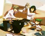  3boys bad_id bad_pixiv_id child chopsticks clenched_teeth duralumin fighting food food_fight jumbo koiwai_yotsuba meat mr_koiwai multiple_boys nigiribashi open_mouth smoke stuffed_animal stuffed_toy sweatdrop table teddy_bear teeth yanda yotsubato! 