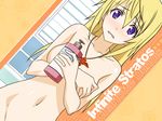  1girl blonde_hair blush breasts charlotte_dunois covering covering_breasts daiti dutch_angle infinite_stratos jewelry long_hair navel necklace purple_eyes solo 