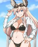  animal_ears banboro_(technobot) bikini blue_eyes breasts goggles goggles_on_head grin hand_on_hip hanna-justina_marseille large_breasts long_hair open_clothes open_shirt pink_hair salute shirt smile solo strike_witches swimsuit white_shirt world_witches_series 