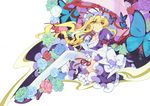  blonde_hair blue_flower blue_rose bug butterfly flower gap insect ninomoto pink_flower pink_rose purple_flower purple_rose rose solo thighhighs touhou umbrella white_legwear yakumo_yukari yellow_eyes 