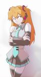  artist_request bare_shoulders blue_eyes cosplay crossed_arms detached_sleeves frown hatsune_miku hatsune_miku_(cosplay) headphones headset long_hair necktie neon_genesis_evangelion orange_hair skirt solo souryuu_asuka_langley thighhighs two_side_up vocaloid zettai_ryouiki 