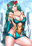  bare_shoulders blue_eyes boots breasts cape cleavage crystal detached_sleeves elbow_gloves final_fantasy final_fantasy_iv final_fantasy_iv_the_after gloves green_hair hair_ornament jewelry large_breasts legs long_hair long_legs momoman_(pink_voltage) revealing_clothes rydia smile solo thick_thighs thighs very_long_hair 