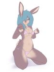  blue_eyes blue_hair clothed clothing esatu female hair hair_over_eye kneeling lagomorph looking_at_viewer mammal navel pink_nose plain_background rabbit skimpy solo swimsuit tight_clothing white_background 
