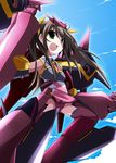  bibi bodysuit brown_hair green_eyes hair_ribbon hairband huang_lingyin infinite_stratos leotard long_hair mecha_musume open_mouth pilot_suit ribbon shenlong_(infinite_stratos) solo twintails 