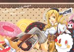  amanosora beret blonde_hair boots breasts brown_legwear character_name charlotte_(madoka_magica) detached_sleeves doughnut drill_hair fingerless_gloves food gloves gun hair_ornament hairpin hat large_breasts magical_girl magical_musket mahou_shoujo_madoka_magica panties pantyshot pleated_skirt puffy_sleeves ribbon rifle skirt striped striped_legwear thighhighs tomoe_mami twin_drills twintails underwear vertical-striped_legwear vertical_stripes weapon yellow_eyes zettai_ryouiki 