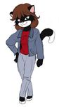  aikon bare_feet barefoot bent_arm cat denim feline female fur hair happy hindpaw jacket jeans looking_at_viewer mammal multicolor_fur nekonata paws pink_nose plain_background red_hair red_shirt smile solo toes tuxedo_cat two_tone_fur valera_songas white_background 