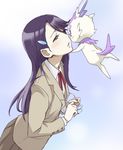  blush blush_stickers cologne_(heartcatch_precure!) eyewear_removed glasses hair_ornament hairclip heartcatch_precure! long_hair minato_fumi myoudou_gakuen_high_school_uniform precure purple_hair school_uniform simple_background solo tsukikage_yuri 