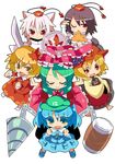  absurdres aki_minoriko aki_shizuha chibi drill front_ponytail hair_ornament highres inubashiri_momiji kagiyama_hina kawashiro_nitori leaf_hair_ornament mallet mechanical_arm mountain_of_faith multiple_girls one_eye_closed outstretched_arms poshan shameimaru_aya spread_arms touhou two_side_up v 