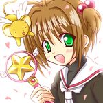  bad_id bad_pixiv_id brown_hair cardcaptor_sakura cherry_blossoms green_eyes hinata_mirun hoshi_no_tsue kero kinomoto_sakura magical_girl petals school_uniform serafuku short_hair tomoeda_elementary_school_uniform wand 