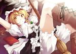  arms_behind_head blonde_hair bloomers book boots braid broom cross-laced_footwear curiosities_of_lotus_asia grin hat highres kirisame_marisa lace-up_boots leg_lift legs_up looking_at_viewer lying magic_circle nanahara_fuyuki on_back orange_eyes smile solo touhou underwear witch_hat yellow_eyes 
