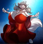  2019 anthro barefoot belly_dancer big_breasts breasts canid canine canis chest_tuft cleavage clothed clothing dancing edit fur grey_hair hair harem_outfit huge_breasts hyper hyper_breasts jewelry keidran mammal raine raine_silverlock skirt smile solo theobii_(artist) tom_fischbach tuft twokinds twokinds_edit webcomic white_fur wolf 