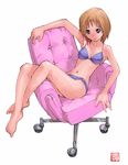  :o armchair barefoot bikini blush brown_hair chair crossed_legs feet navel office_chair original purple_eyes reclining saitani_umetarou short_hair sitting sitting_sideways solo swimsuit 