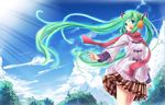  cloud coat day earmuffs green_eyes green_hair hatsune_miku highres hxhrise long_hair open_mouth plaid plaid_skirt red_scarf scarf skirt sky solo tree twintails very_long_hair vocaloid 