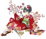  alternate_hairstyle asymmetrical_hair bad_id bad_pixiv_id black_hair bleach blue_eyes flower hair_between_eyes hair_up japanese_clothes kimono kuchiki_rukia sandals solo tripletype 