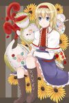  absurdres alice_margatroid blonde_hair blue_eyes boots bow cake capelet cross-laced_footwear cup food hairband highres knee_boots lace-up_boots oji_(axavier) short_hair smile solo spoon sugar_cube sweets tea teacup touhou 
