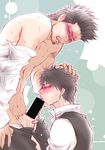  blush censored fellatio gintama hijikata_toushirou kondou_isao licking male male_focus open_clothes open_shirt oral penis shirt undressing unzipped vest yaoi 