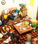  blue_hair bow bowtie chair clock corn_(pokemon) couch dent_(pokemon) gen_5_pokemon green_hair gym_leader hair_over_one_eye hangover holding kurochiroko living_room male_focus multiple_boys panpour pansage pansear pillow plant pod_(pokemon) pokemon pokemon_(creature) pokemon_(game) pokemon_bw potted_plant red_hair saliva sleeping tea_set triplets waiter 