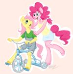  anthro blue_eyes blush cartoonlion clothing equine female fluttershy_(mlp) friendship_is_magic horse mammal my_little_pony pinkie_pie_(mlp) plain_background pony tricycle 