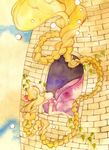  blonde_hair braid grimm's_fairy_tales highres long_hair muttiy rapunzel rapunzel_(grimm) solo tower traditional_media very_long_hair watercolor_(medium) window 