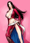  amazon black_hair blue_eyes boa_hancock breasts cleavage delta_zone earrings fingernails hand_on_hip highres jewelry large_breasts legs long_hair midriff navel one_piece solo 