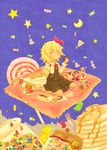  blonde_hair blue_background cake candy charlotte_(madoka_magica) cheese closed_eyes crescent crescent_moon crossover crumbs cup disposable_cup doughnut drinking_straw eating food food_on_face fork french_fries frills hamburger hand_on_own_cheek happy highres issin. jelly_bean lollipop mahou_shoujo_madoka_magica moon pancake pizza purple_background rug rumia short_hair sitting skirt smile soda solo stack_of_pancakes star steam swirl_lollipop teacup touhou wariza 