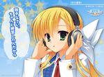  blonde_hair green_eyes headphones kanemoto_akari kobuichi long_hair noble_works seifuku tie 