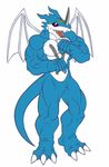  claws digimon dilgearwolfang dragon exveemon face_markings fangs horns male markings muscles nude red_eyes reptile scalie solo standing tail wings 