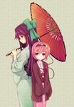  bad_id bad_pixiv_id blush bow eyes green_bow hair_bow hairband haori japanese_clothes kimono komeiji_satori light_smile long_hair looking_at_viewer minamura_haruki multiple_girls obi oriental_umbrella pink_hair purple_hair radiation_symbol reiuji_utsuho sash seigaiha sleeves_past_wrists third_eye touhou umbrella 