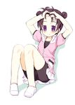  ankle_socks bike_shorts black_hair double_bun forehead full_body meito_(maze) original purple_eyes shorts solo 