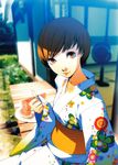  absurdres artbook blurry brown_eyes brown_hair depth_of_field food fruit highres japanese_clothes kimono lips official_art persona persona_4 satonaka_chie scan short_hair sitting soejima_shigenori solo veranda watermelon yukata 