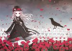  absurdres bird crow dress fence flower gloves hat highres long_hair long_sleeves nardack original petals red_eyes silver_hair solo standing 