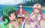  2girls ahoge ai-kun alien beach bikini_top blonde_hair blue_eyes blue_hair breasts brown_eyes cleavage day eating food green_hair highres holding_pizza jewelry long_hair macross macross_frontier medium_breasts multiple_girls nail_polish navel official_art pizza pizza_hut ponytail product_placement ranka_lee red_eyes saotome_alto sheryl_nome shiny shiny_skin short_hair single_earring small_breasts swimsuit vajra wallpaper 