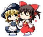  blonde_hair blush bow brown_hair chibi closed_eyes hair_bow hakurei_reimu hat heart holding_hands inuga_anahoru kirisame_marisa multiple_girls smile touhou witch_hat yellow_eyes 