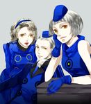  2girls bad_id bad_pixiv_id elizabeth_(persona) gloves grey_hair hairband hat lipstick makeup margaret_(persona) multiple_girls persona persona_3 persona_4 rokamo siblings simple_background teodor yellow_eyes 