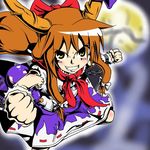  bow clenched_hands gourd grin hair_bow horns ibuki_suika irie_keisuke_(handn) jpeg_artifacts long_hair looking_up red_hair smile solo touhou yellow_eyes 