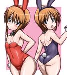  animal_ears ass bare_legs blue_eyes brown_hair bunny_ears bunnysuit elpeo_puru gundam gundam_zz multiple_girls puru_two short_hair tom_sabiini 