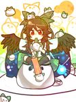  arm_cannon bad_id bad_pixiv_id black_hair bow cape chibi eating food green_bow hair_bow itomugi-kun red_eyes reiuji_utsuho sitting sitting_on_object solo touhou weapon wings 